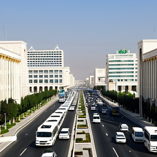 **

A bustling street scene in Ashgabat, Turkmenistan. Modern architecture with white marble buildings lines the wide avenue. Buses and taxis are navigating the streets. Focus on the clean and orderly appearance of the city, and a sense of organized movement. Japanese text overlay: "ア シガバート：近代的な首都の交通事情" (Ashgabat: Modern Capital's Transportation).

**
