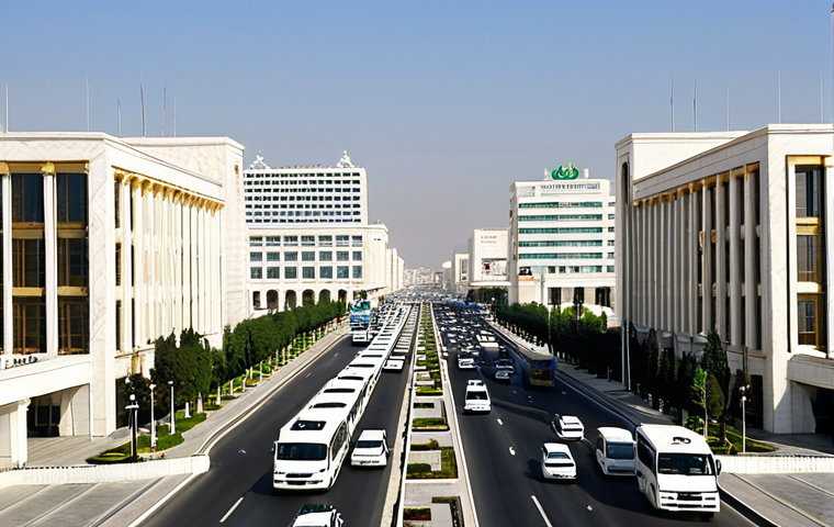 **

A bustling street scene in Ashgabat, Turkmenistan. Modern architecture with white marble buildings lines the wide avenue. Buses and taxis are navigating the streets. Focus on the clean and orderly appearance of the city, and a sense of organized movement. Japanese text overlay: "ア シガバート：近代的な首都の交通事情" (Ashgabat: Modern Capital's Transportation).

**