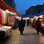 A traveler cautiously navigating a bustling Turkmen market at dusk, with stalls displaying colorful textiles and traditional crafts. Dim lighting with a blend of modern and Soviet-era architecture in the background. Focus on the traveler's awareness and safety, reflecting the advice to avoid nighttime outings and protect valuables.