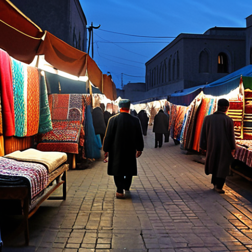 A traveler cautiously navigating a bustling Turkmen market at dusk, with stalls displaying colorful textiles and traditional crafts. Dim lighting with a blend of modern and Soviet-era architecture in the background. Focus on the traveler's awareness and safety, reflecting the advice to avoid nighttime outings and protect valuables.
