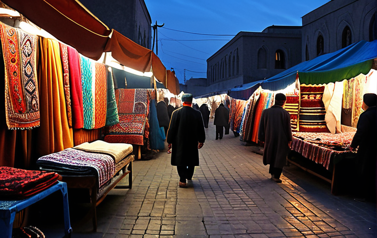 A traveler cautiously navigating a bustling Turkmen market at dusk, with stalls displaying colorful textiles and traditional crafts. Dim lighting with a blend of modern and Soviet-era architecture in the background. Focus on the traveler's awareness and safety, reflecting the advice to avoid nighttime outings and protect valuables.
