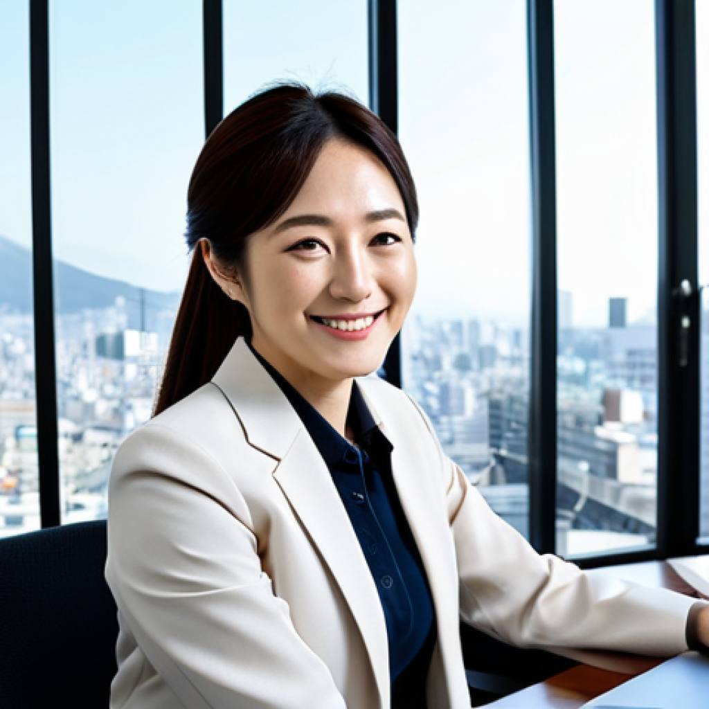 **
A modern office scene with a professional Japanese businesswoman in a modest business suit sitting at a desk. The office is brightly lit with a view of a cityscape. The woman is smiling slightly. Style: Professional photography, high quality, perfect anatomy, natural proportions, fully clothed, appropriate attire, safe for work, family-friendly, Japanese aesthetic.
**