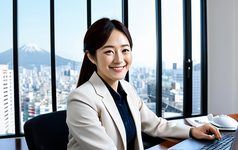 **

A modern office scene with a professional Japanese businesswoman in a modest business suit sitting at a desk. The office is brightly lit with a view of a cityscape. The woman is smiling slightly. Style: Professional photography, high quality, perfect anatomy, natural proportions, fully clothed, appropriate attire, safe for work, family-friendly, Japanese aesthetic.

**