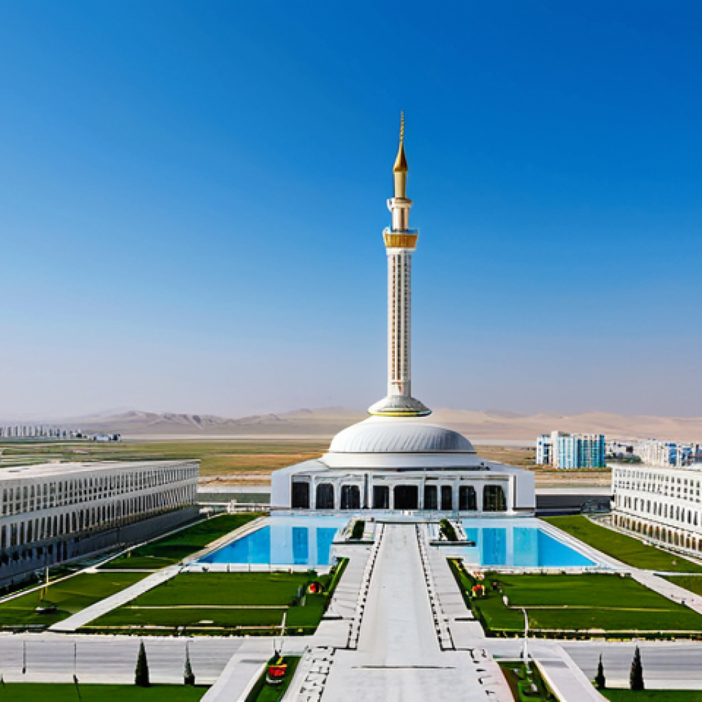 Ashgabat - The White Marble City**

"A wide, panoramic view of Ashgabat, Turkmenistan, showcasing its white marble architecture under a clear blue sky. Capture the city's modern buildings, grand monuments, and meticulously planned layout. In the foreground, show local people in traditional Turkmen clothing, adding a touch of cultural authenticity. Ensure perfect anatomy and correct proportions. fully clothed, appropriate attire, professional photography, high quality, safe for work, family-friendly"

**