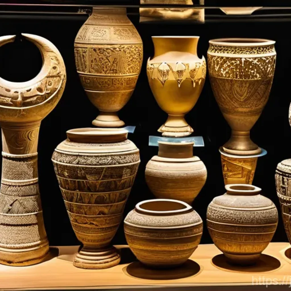 투르크메니스탄 유물 박물관 - **Prompt:** A meticulously detailed museum exhibit showcasing the treasures of the Margiana Civiliza...