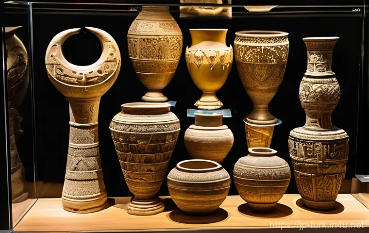 투르크메니스탄 유물 박물관 - **Prompt:** A meticulously detailed museum exhibit showcasing the treasures of the Margiana Civiliza...