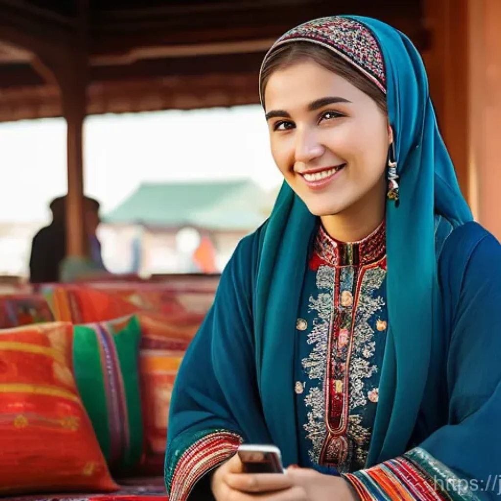 투르크메니스탄 여성의 지위 - **Prompt: Turkmen Woman - Blending Tradition and Modernity in Daily Life**
A full-body shot of a...