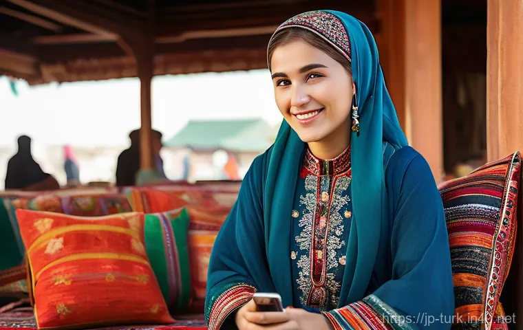 투르크메니스탄 여성의 지위 - **Prompt: Turkmen Woman - Blending Tradition and Modernity in Daily Life**
    A full-body shot of a...