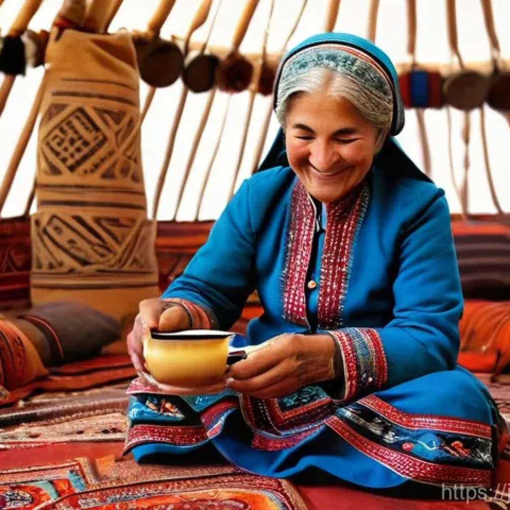 투르크메니스탄에서의 전통 의례 - **Prompt 1: Warm Turkmen Hospitality in a Yurt**
    "A cozy, warm interior of a traditional Turkmen...