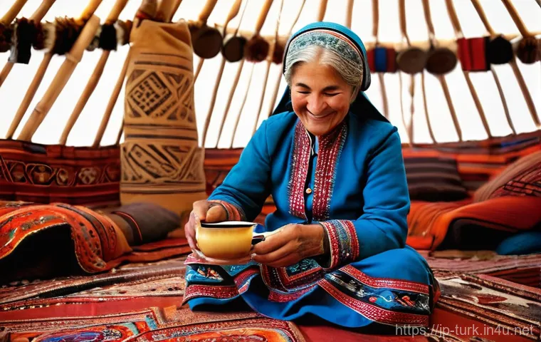 투르크메니스탄에서의 전통 의례 - **Prompt 1: Warm Turkmen Hospitality in a Yurt**
    "A cozy, warm interior of a traditional Turkmen...