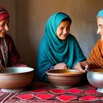 투르크메니스탄 요리법 - **Prompt 1: A traditional Turkmen family enjoying a hearty meat stew**
    A vibrant, realistic imag...
