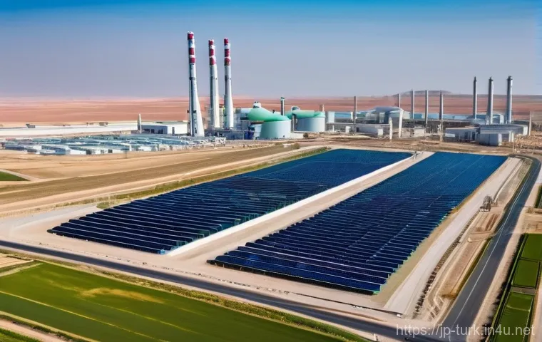 투르크메니스탄에서의 산업 발전 - **Prompt:** A dynamic, wide-angle shot of a futuristic industrial complex in Turkmenistan, symbolizi...