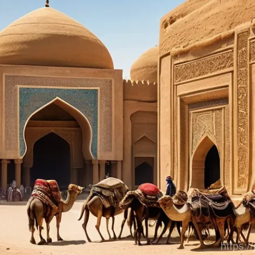 투르크메니스탄의 역사적 기록 - **Prompt:** A bustling ancient marketplace in the heart of Merv, Turkmenistan, during the peak of th...