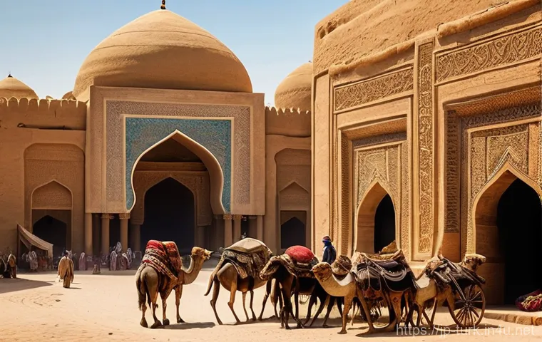 투르크메니스탄의 역사적 기록 - **Prompt:** A bustling ancient marketplace in the heart of Merv, Turkmenistan, during the peak of th...