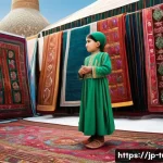 투르크메니스탄과 중국의 관계 - **Prompt:** A bustling Turkmen marketplace scene. A young Turkmen girl, maybe 7 years old, wearing a...